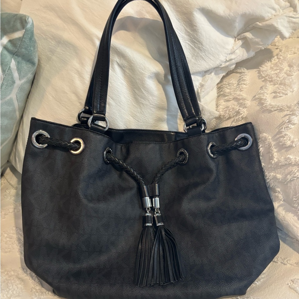 Micheal Kors Black Tote Bag with Tassel Accents